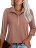 Casual Plain Zipper Polo Collar Blouse