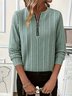 Casual Plain Zipper Crew Neck Blouse