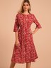Red Frill Sleeve Cotton Crew Neck Floral Weaving Dress
